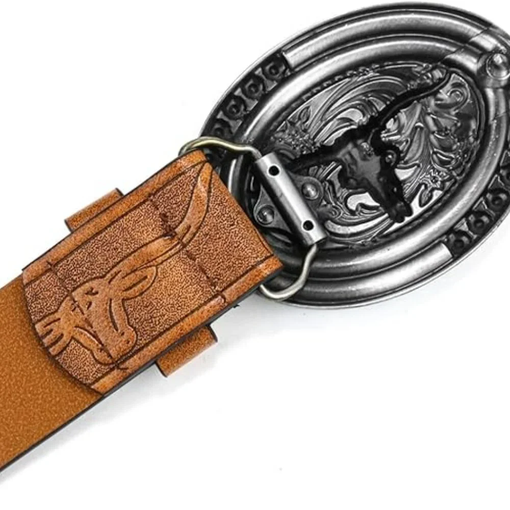 Women Western Cowgirl Belt Bull Turquoise Embossed Buckle for 31